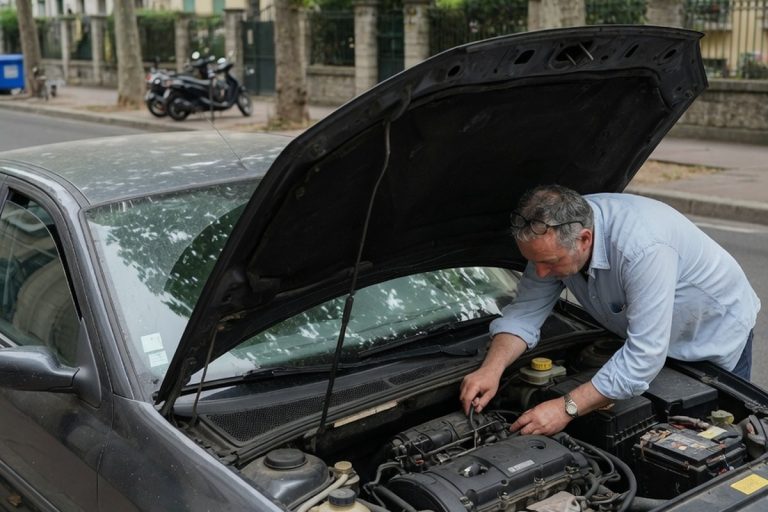 Conducteur inspectant le moteur d'une voiture diesel ancienne dans une rue lyonnaise.