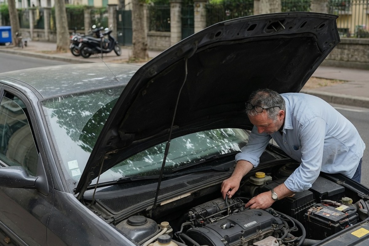 Conducteur inspectant le moteur d'une voiture diesel ancienne dans une rue lyonnaise.