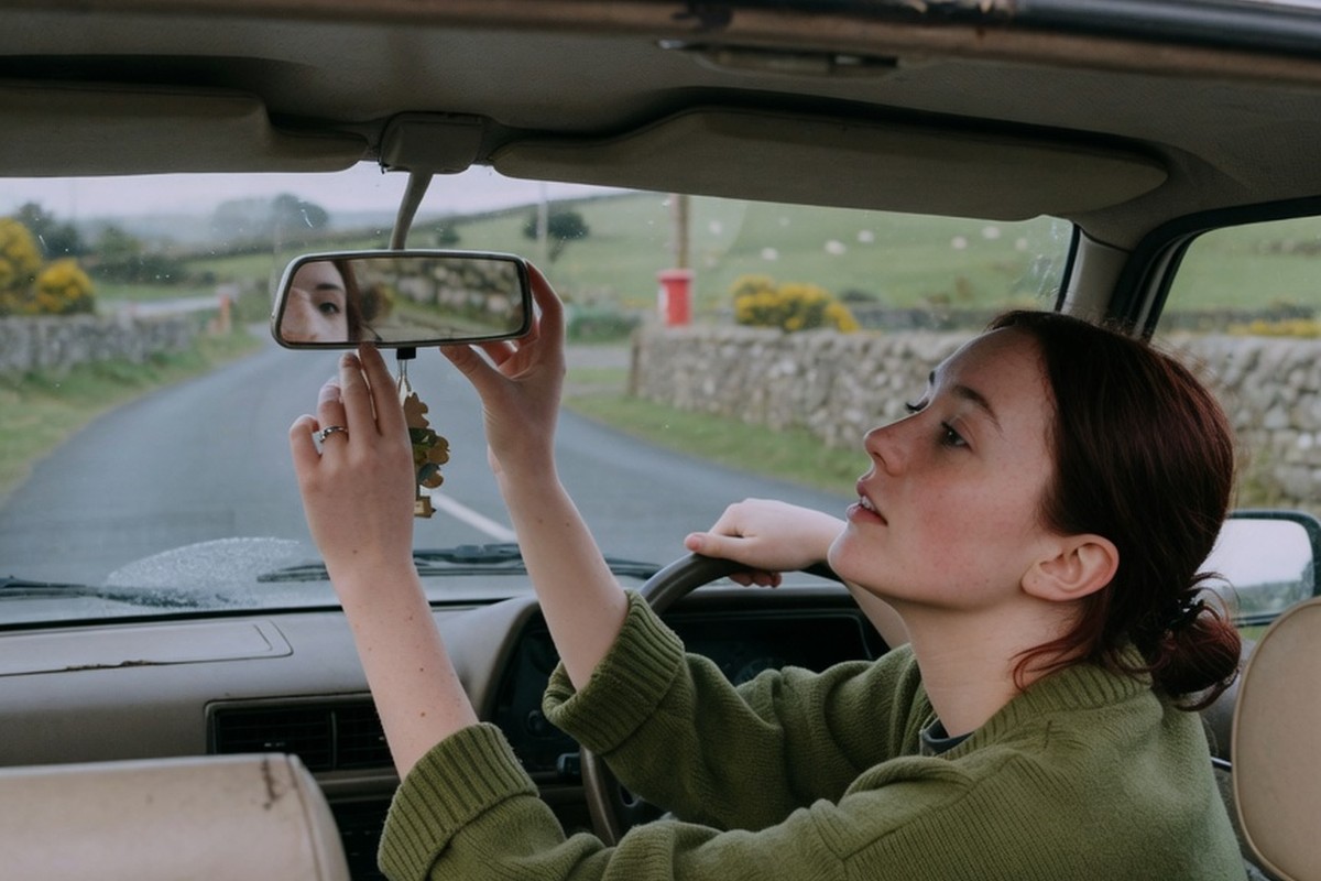 Apprentie conductrice ajustant son rétroviseur sur route irlandaise