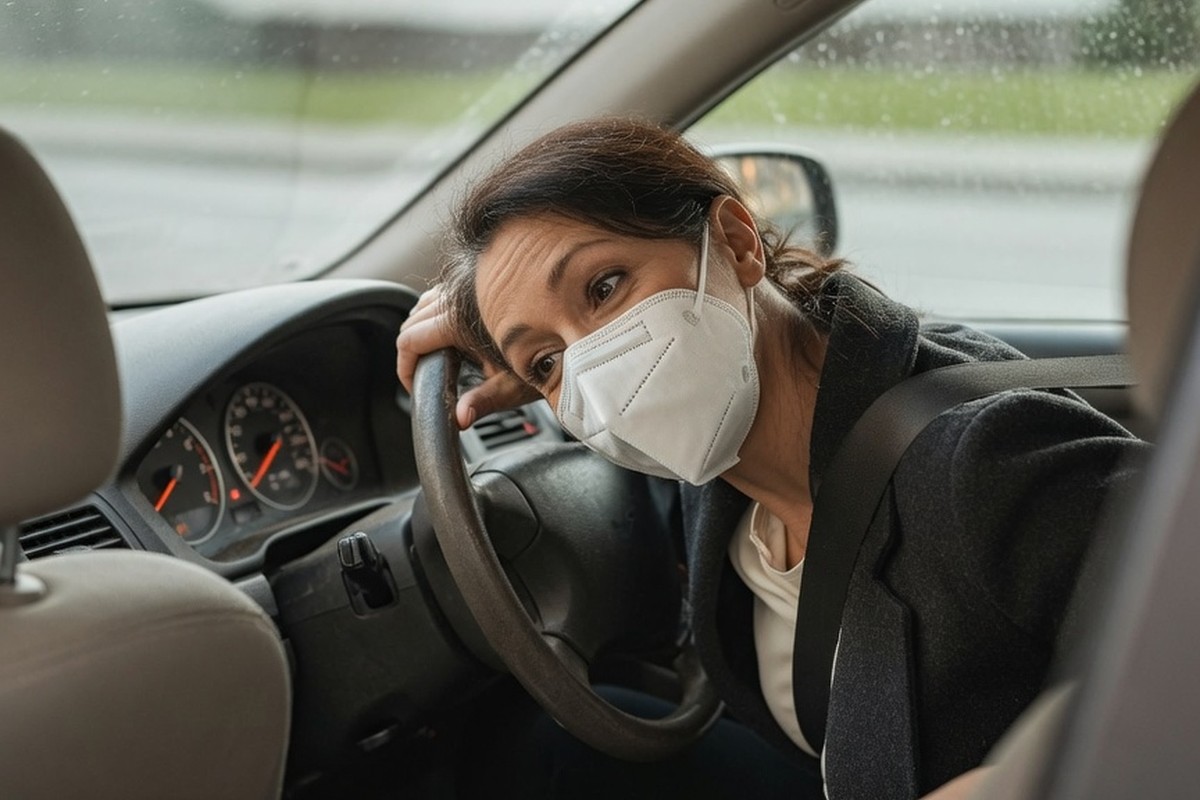 Conductrice ajustant son masque FFP2 au volant d'une voiture