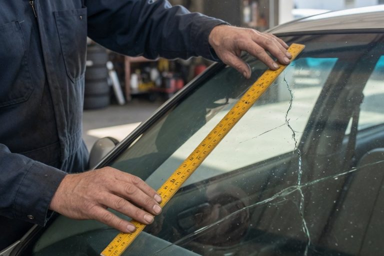 Mécanicien mesurant une fissure sur pare-brise de voiture en atelier