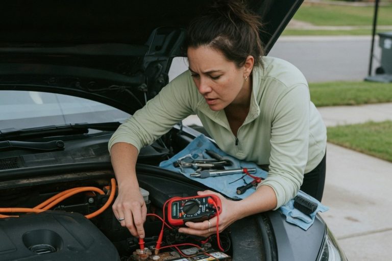 Conductrice testant la batterie 12 V d'une voiture électrique