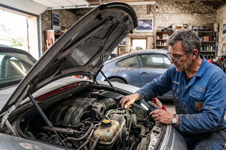 Moteur flat-six M96 d'une Porsche Boxster 986 argentée inspecté pour une fuite d'huile dans un atelier spécialisé