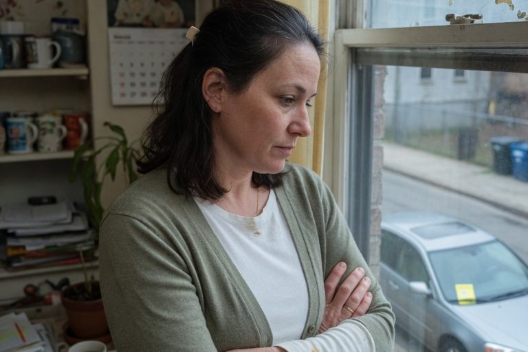 Femme observant une berline depuis sa fenêtre en lumière douce