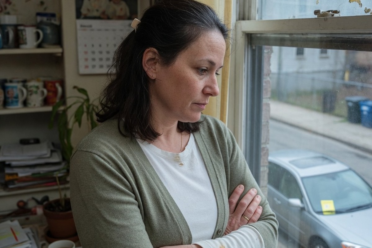 Femme observant une berline depuis sa fenêtre en lumière douce