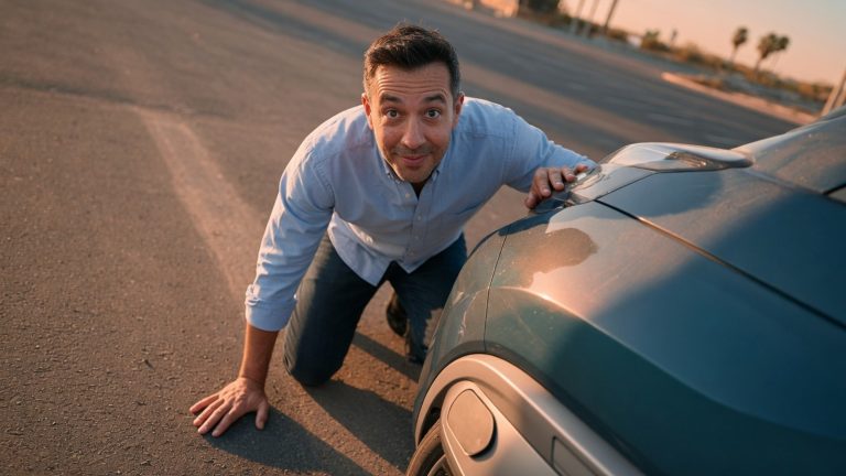 Conducteur agenouillé touchant l'asphalte près d'une voiture électrique