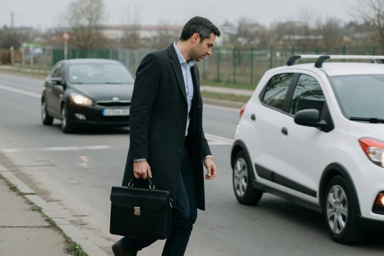 Piéton traversant devant une voiture blanche et une noire au crépuscule