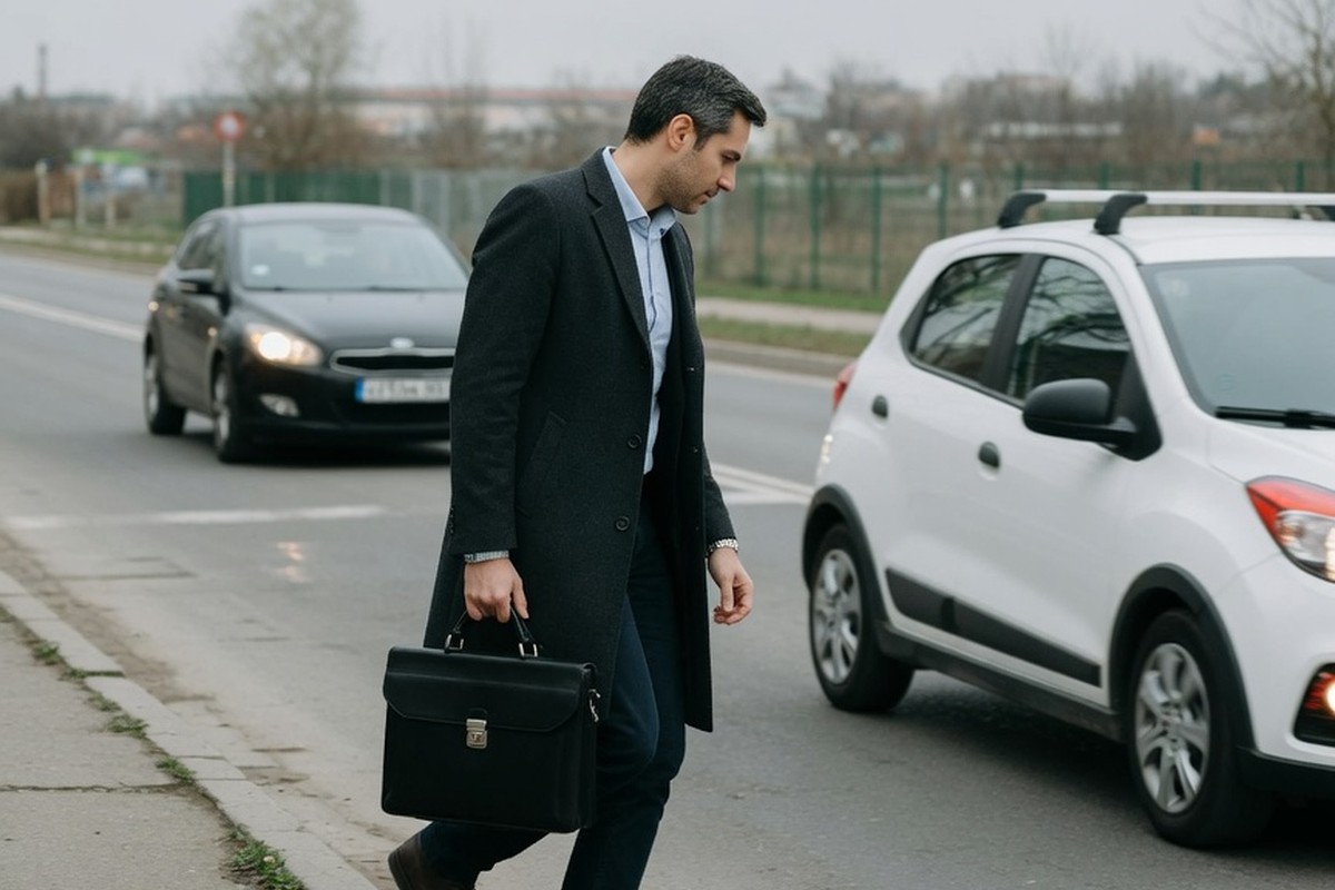 Piéton traversant devant une voiture blanche et une noire au crépuscule