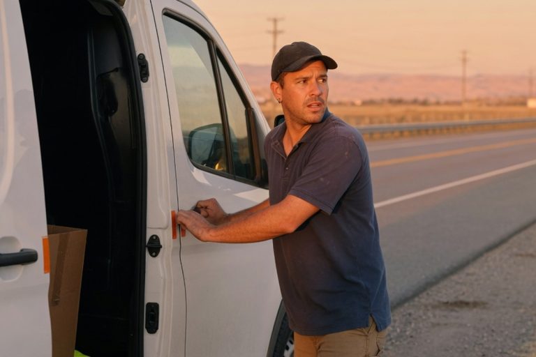 Chauffeur refermant la porte d'un van utilitaire sur bas-côté autoroutier