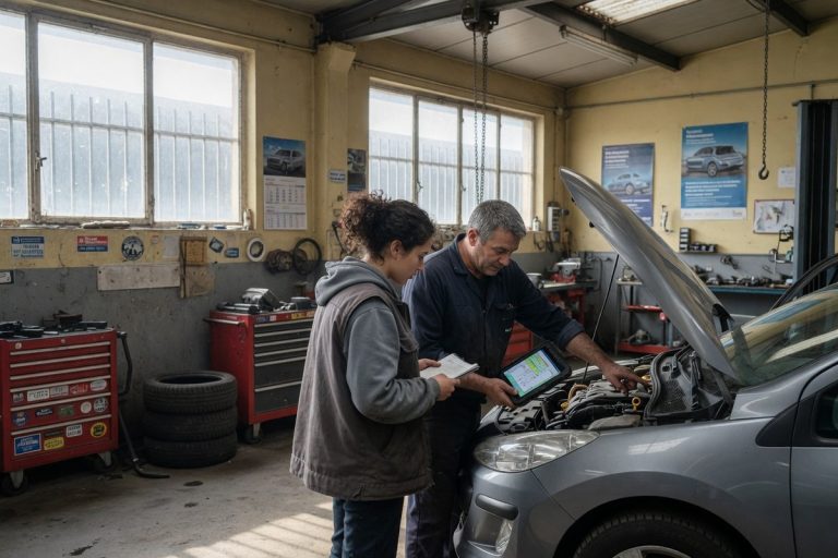 Atelier automobile : un technicien et un candidat autour d'une tablette de diagnostic, lumière naturelle