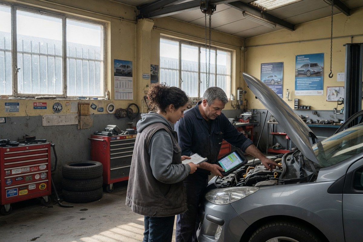 Atelier automobile : un technicien et un candidat autour d'une tablette de diagnostic, lumière naturelle