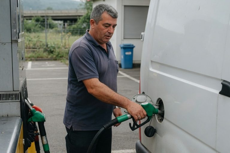 Chauffeur faisant le plein d'un Renault Master utilitaire blanc