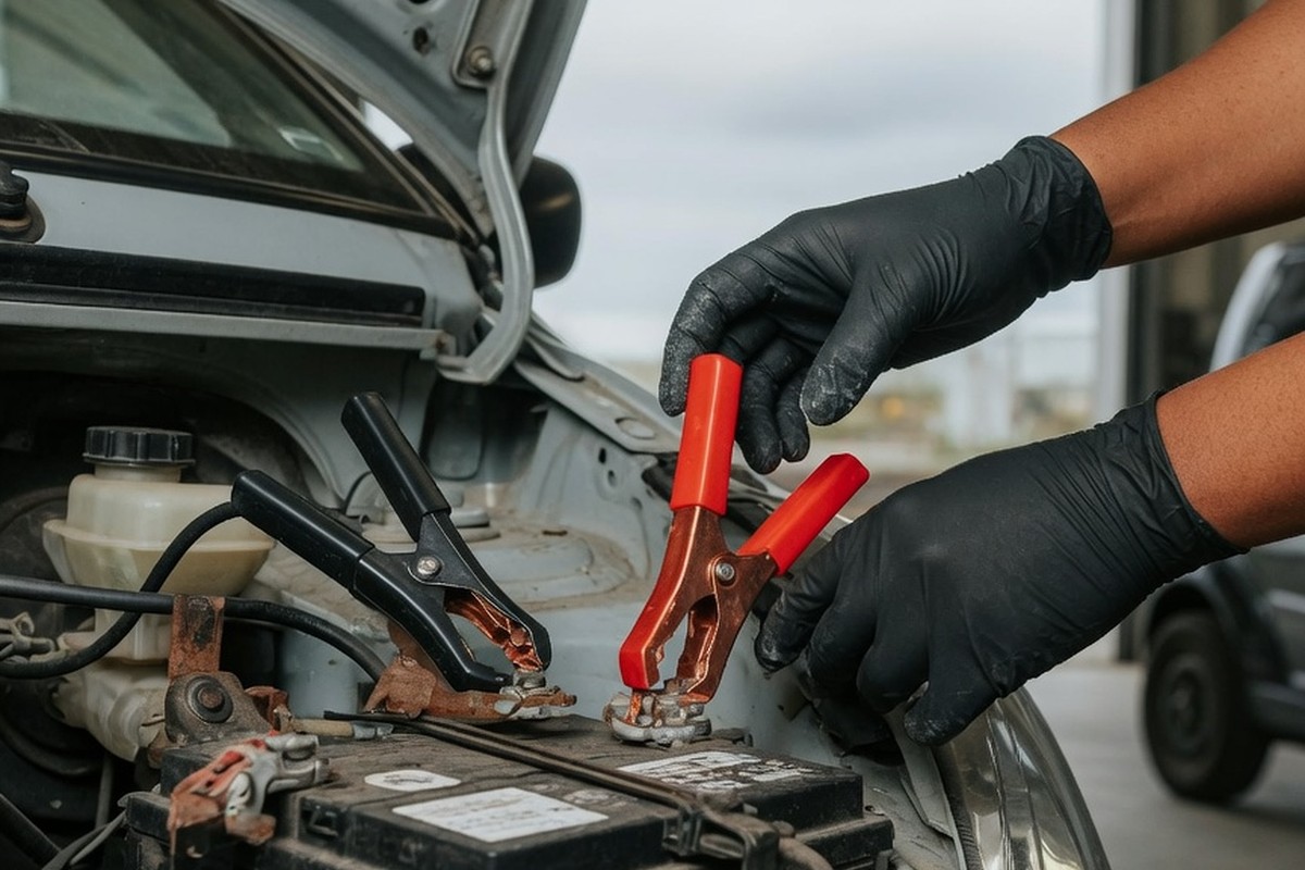 Mains gantées branchant pince rouge sur batterie Aixam sous capot ouvert