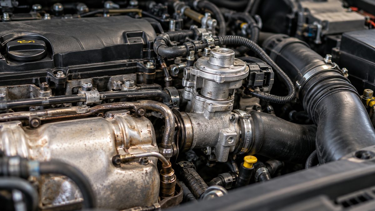 Vanne EGR métallique au milieu du compartiment moteur, entre durites et faisceau.
