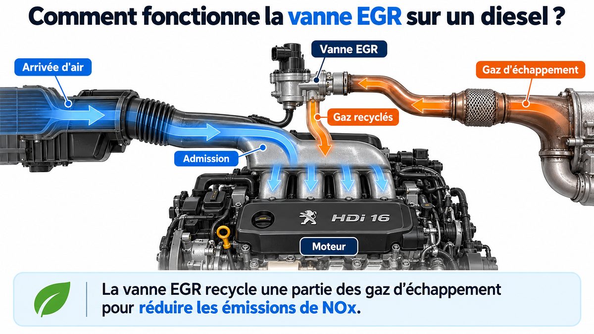 Schéma d'une vanne EGR diesel : air d'admission, gaz d'échappement et gaz recyclés.