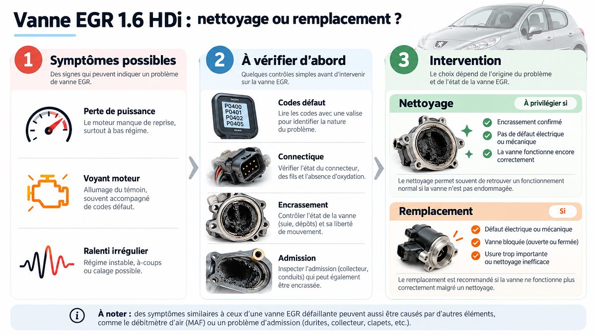Infographie : symptômes, contrôles, nettoyage ou remplacement d'une vanne EGR 1.6 HDi.